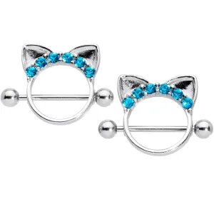 14 Gauge 9/16 Aqua Gem Kitty Cat Ears Nipple Shield Set