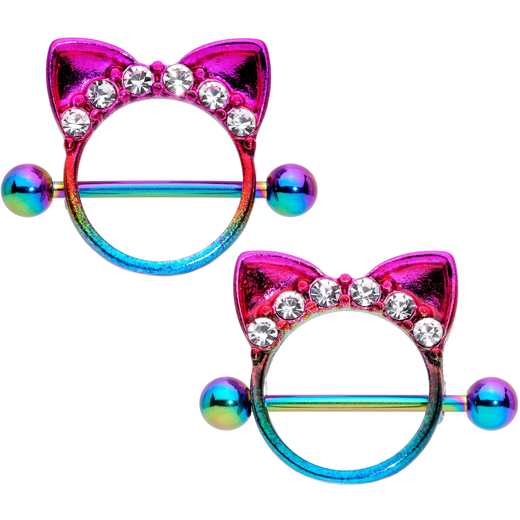 14 Gauge 9/16 Clear Gem Rainbow Kitty Cat Ears Nipple Shield Set