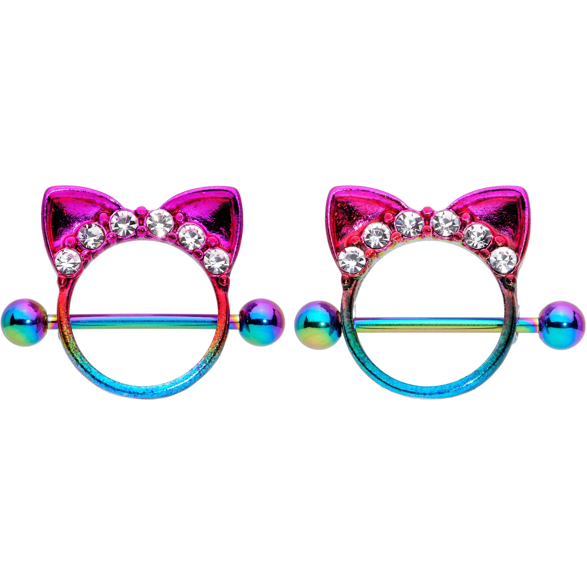 14 Gauge 9/16 Clear Gem Rainbow Kitty Cat Ears Nipple Shield Set