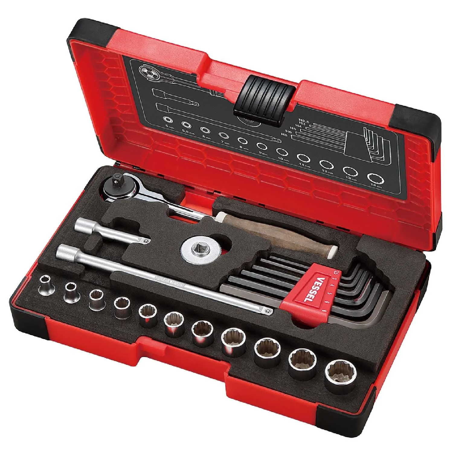 1/4" Dr Socket & Hex Key Set 36pc Metric Wood-Compo (VESSEL)