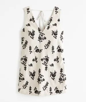 ABERCROMBIE  & FITCH Gray Floral Embroidered Dress Sz XS Linen Blend V-Neck