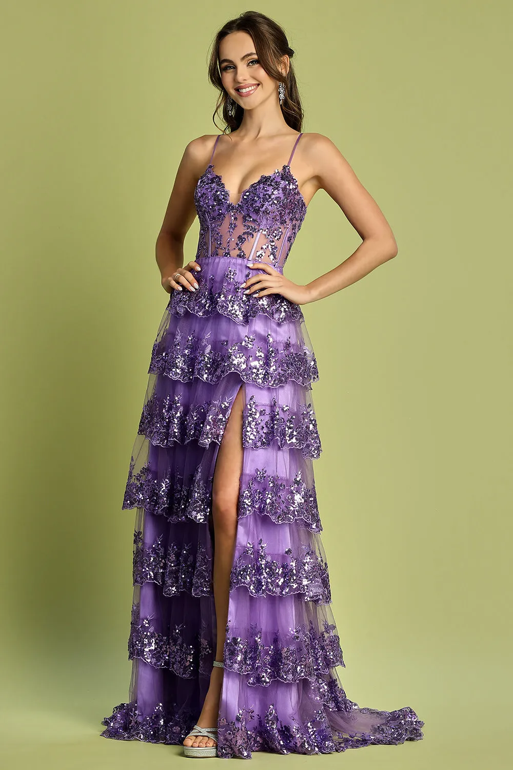 AD 3218 - Sequin Embellished Layered Ruffle A-Line Prom Gown with Sheer Boned Bodice Open Lace Up Corset Back & Leg Slit