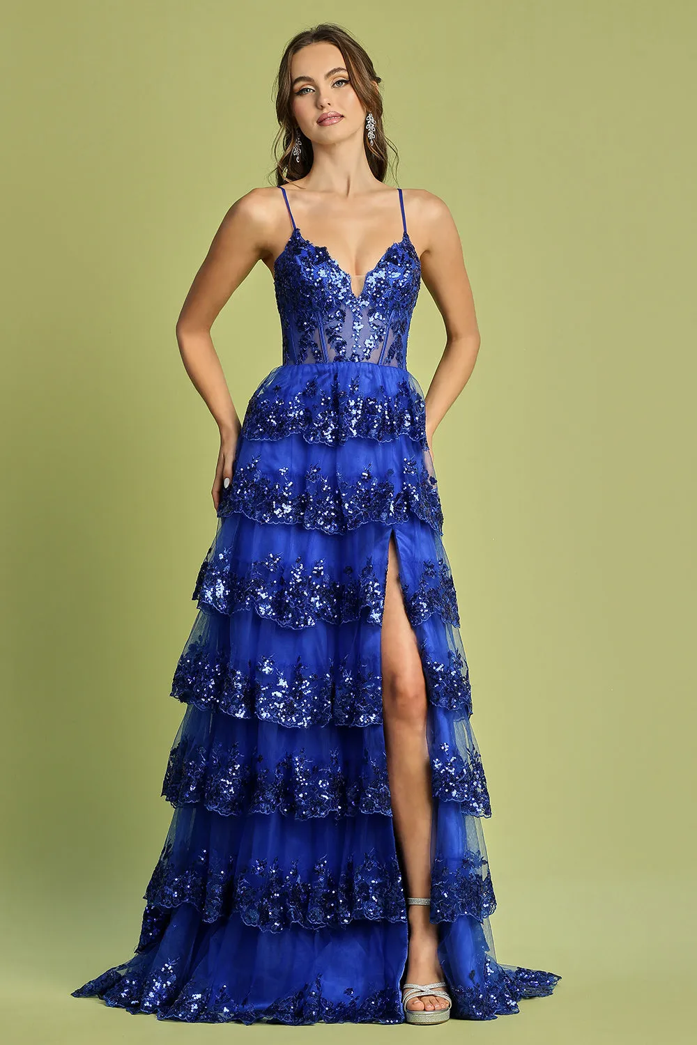AD 3218 - Sequin Embellished Layered Ruffle A-Line Prom Gown with Sheer Boned Bodice Open Lace Up Corset Back & Leg Slit