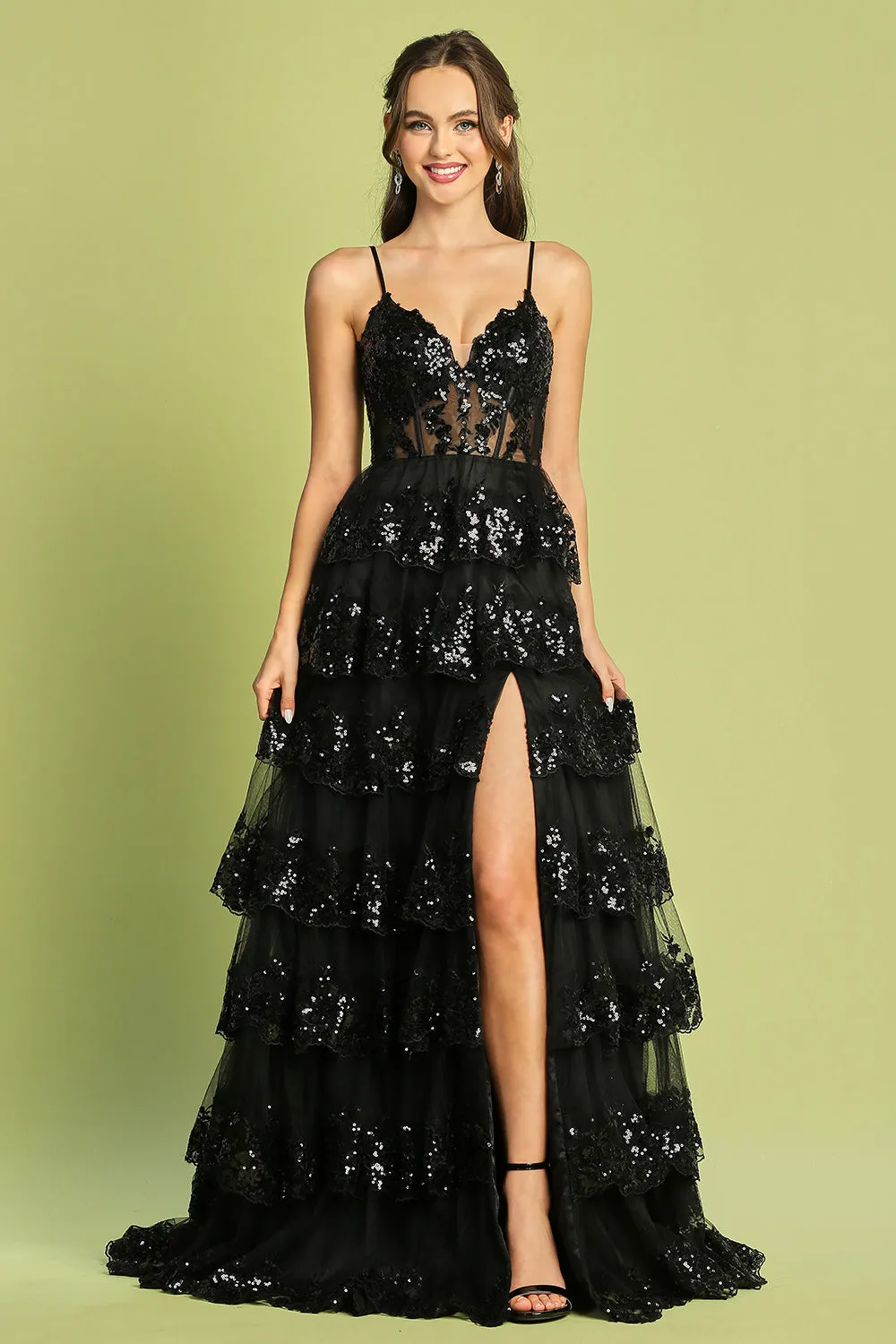AD 3218 - Sequin Embellished Layered Ruffle A-Line Prom Gown with Sheer Boned Bodice Open Lace Up Corset Back & Leg Slit
