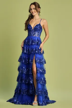 AD 3218 - Sequin Embellished Layered Ruffle A-Line Prom Gown with Sheer Boned Bodice Open Lace Up Corset Back & Leg Slit