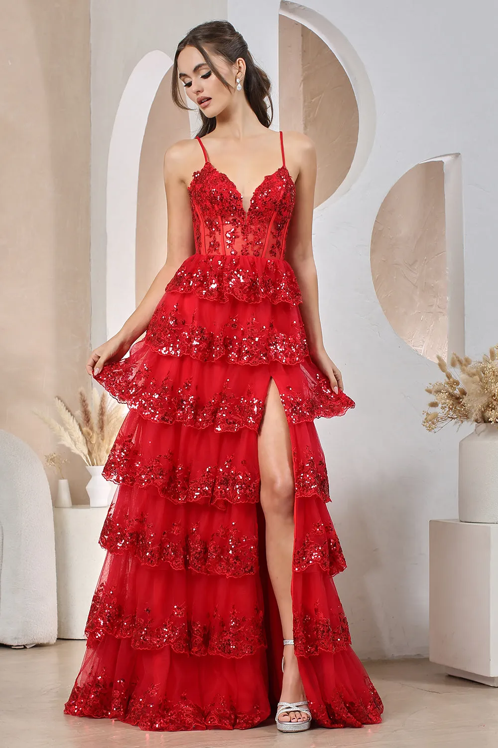 AD 3218 - Sequin Embellished Layered Ruffle A-Line Prom Gown with Sheer Boned Bodice Open Lace Up Corset Back & Leg Slit