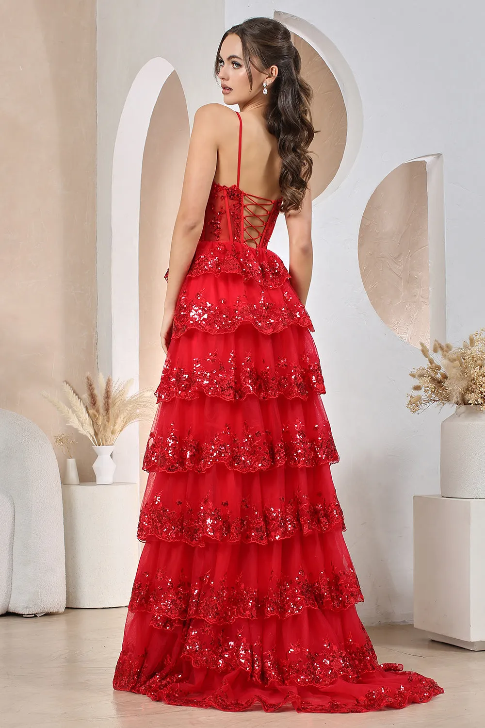 AD 3218 - Sequin Embellished Layered Ruffle A-Line Prom Gown with Sheer Boned Bodice Open Lace Up Corset Back & Leg Slit