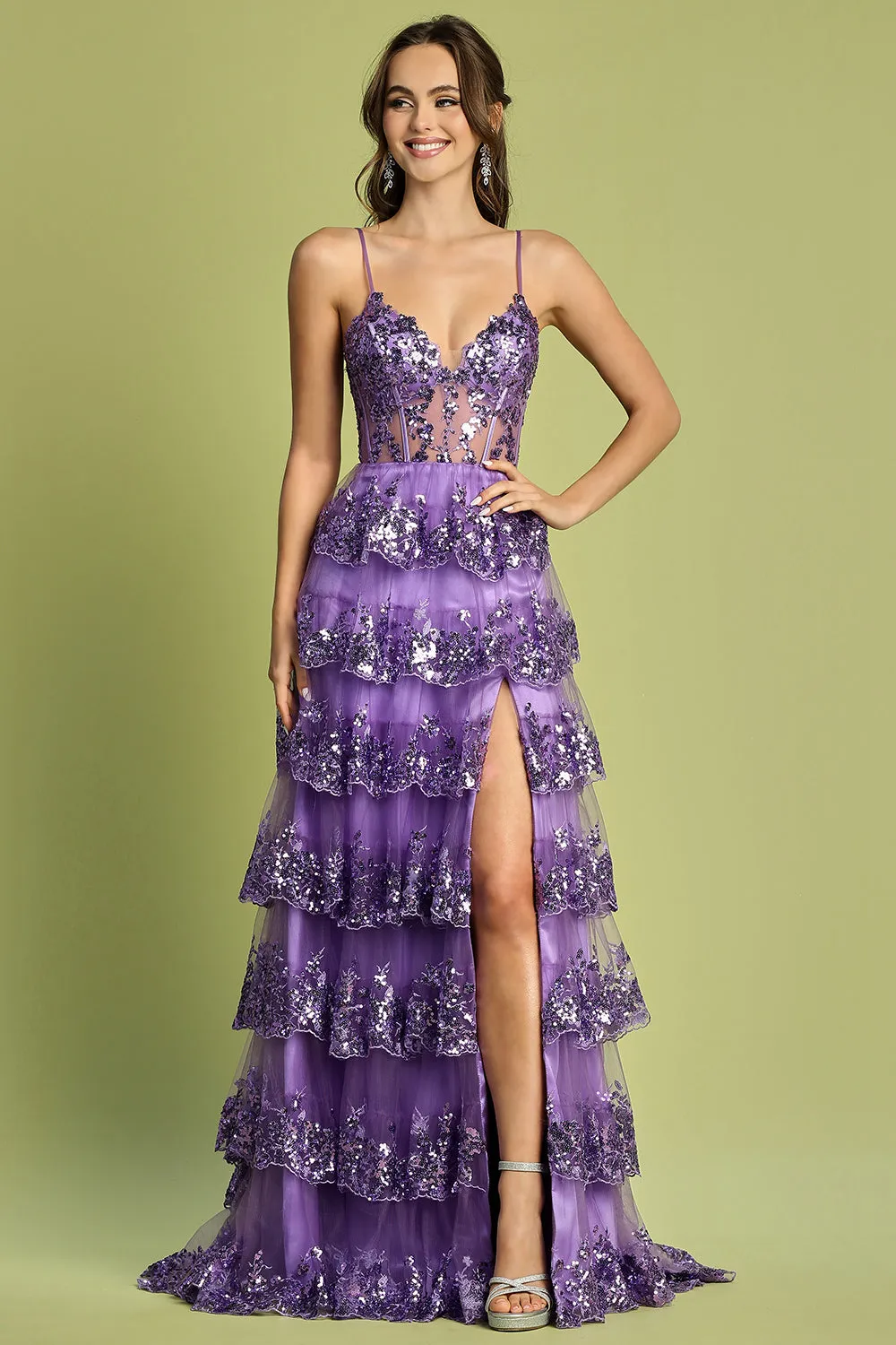 AD 3218 - Sequin Embellished Layered Ruffle A-Line Prom Gown with Sheer Boned Bodice Open Lace Up Corset Back & Leg Slit