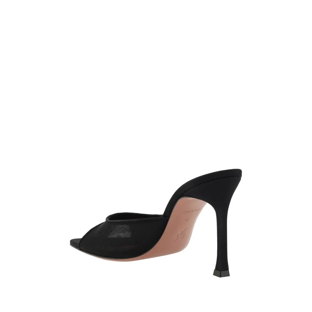 Amina Muaddi Alexa Women Black Slipper Sandals Leather Stiletto Mule Heels Shoes