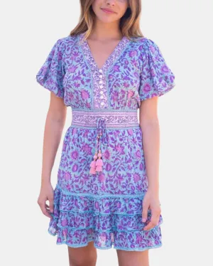 ANNALISE MINI DRESS IN TEAL PURPLE PRINT