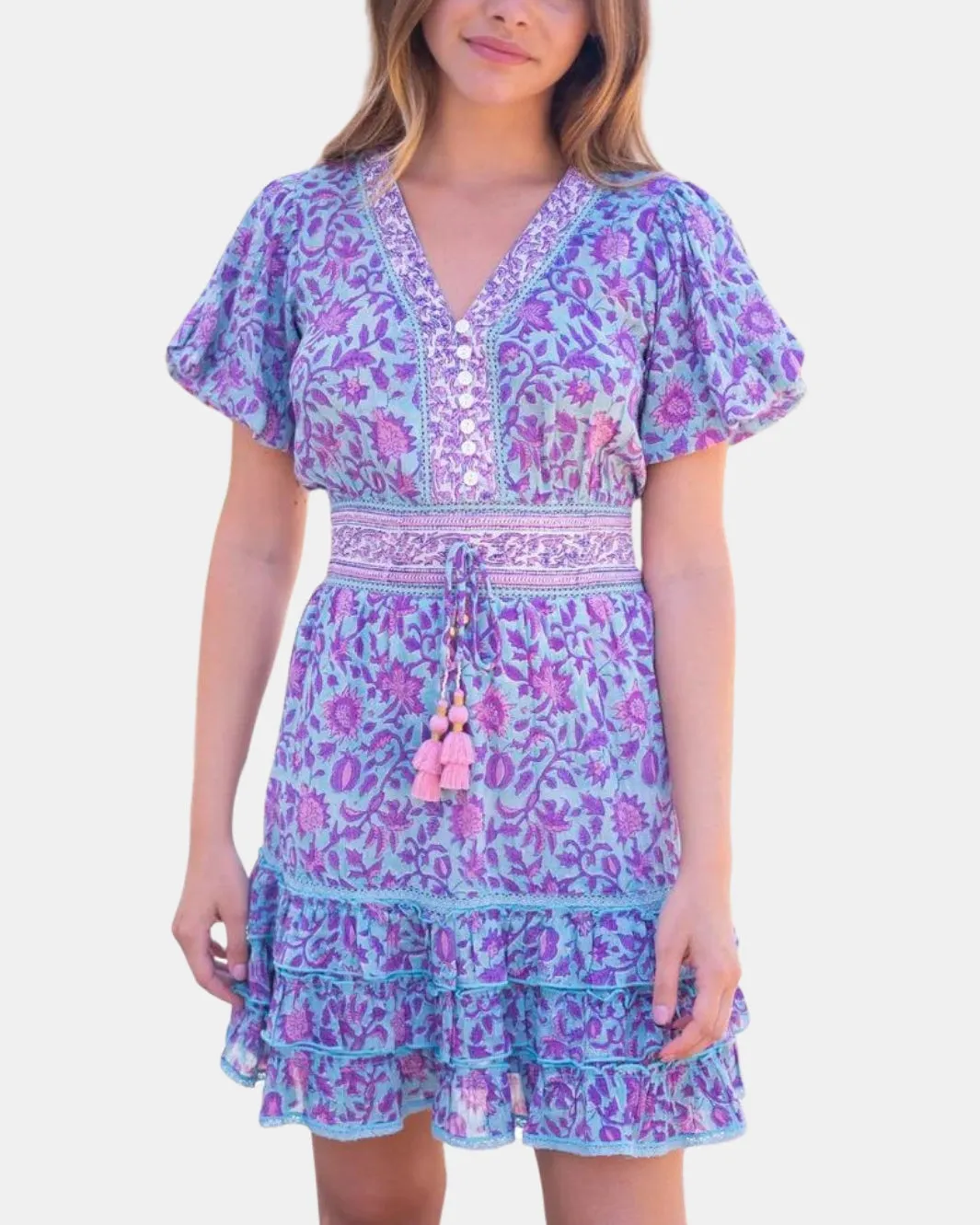 ANNALISE MINI DRESS IN TEAL PURPLE PRINT