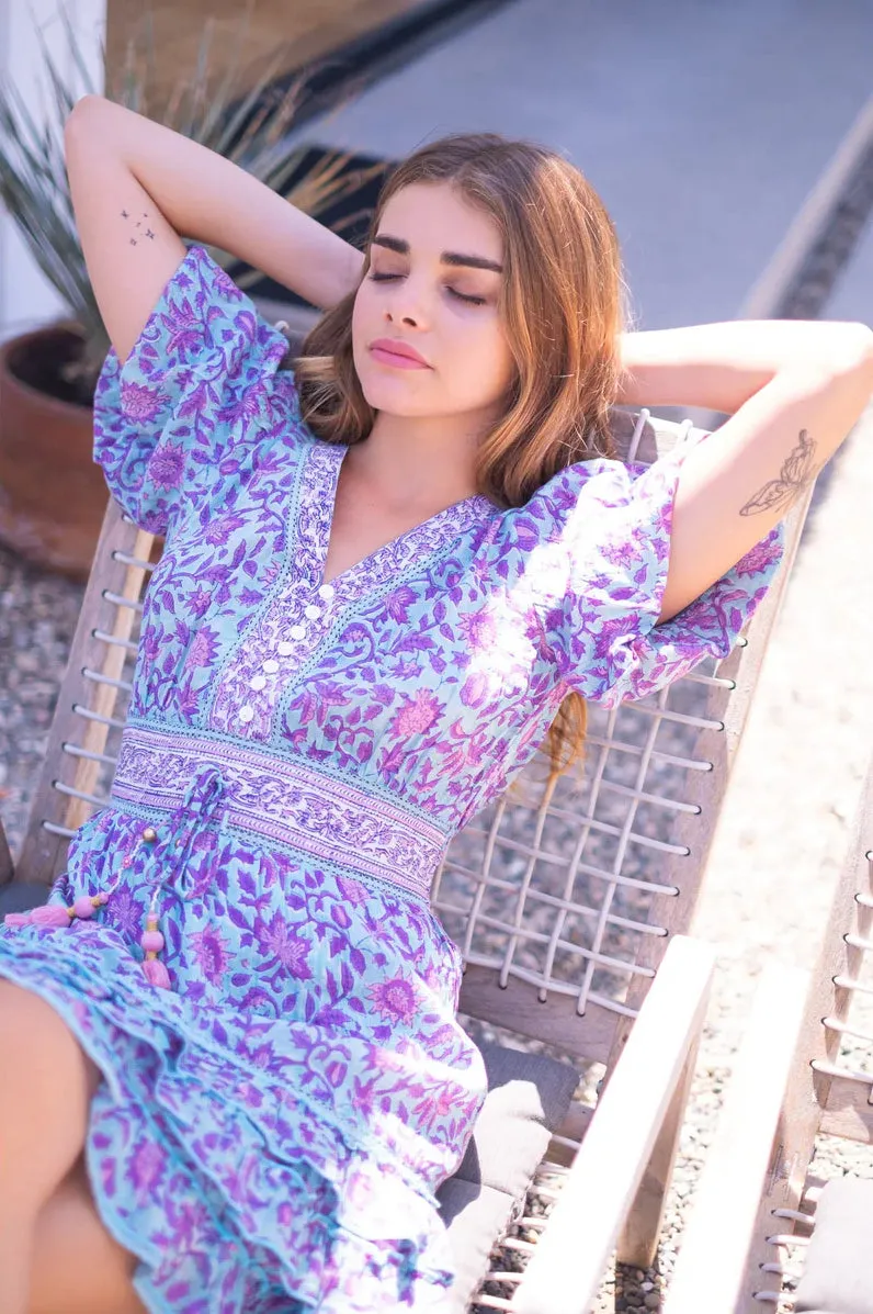 ANNALISE MINI DRESS IN TEAL PURPLE PRINT