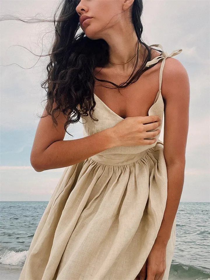 Beach Casual Pure Cotton Backless Strappy Dress for Women