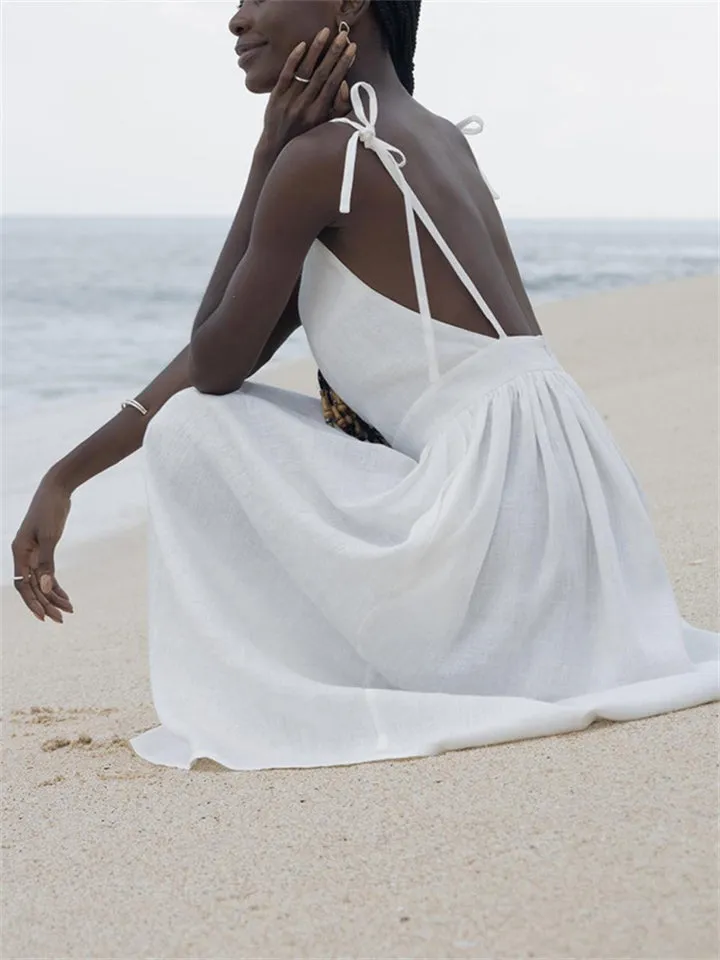 Beach Casual Pure Cotton Backless Strappy Dress for Women