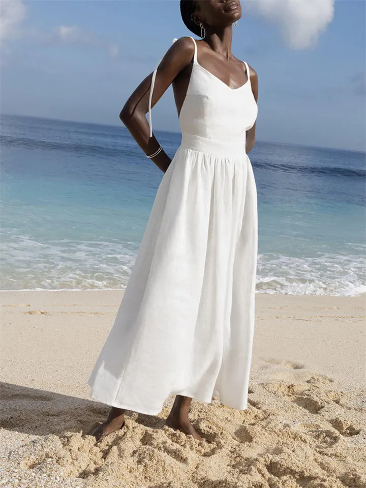 Beach Casual Pure Cotton Backless Strappy Dress for Women