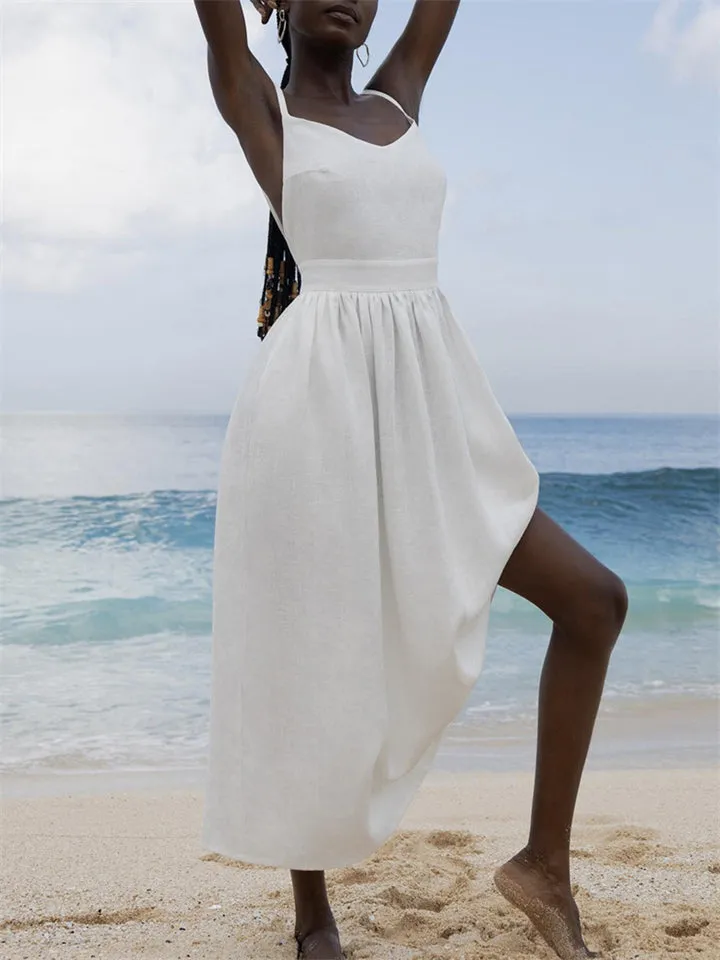 Beach Casual Pure Cotton Backless Strappy Dress for Women