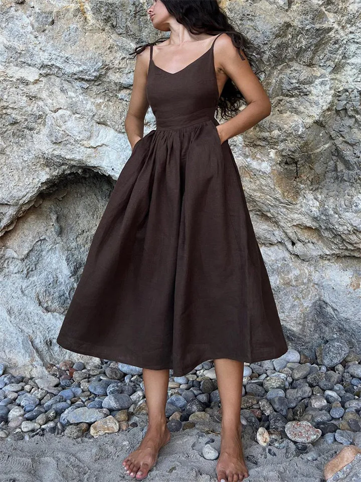 Beach Casual Pure Cotton Backless Strappy Dress for Women