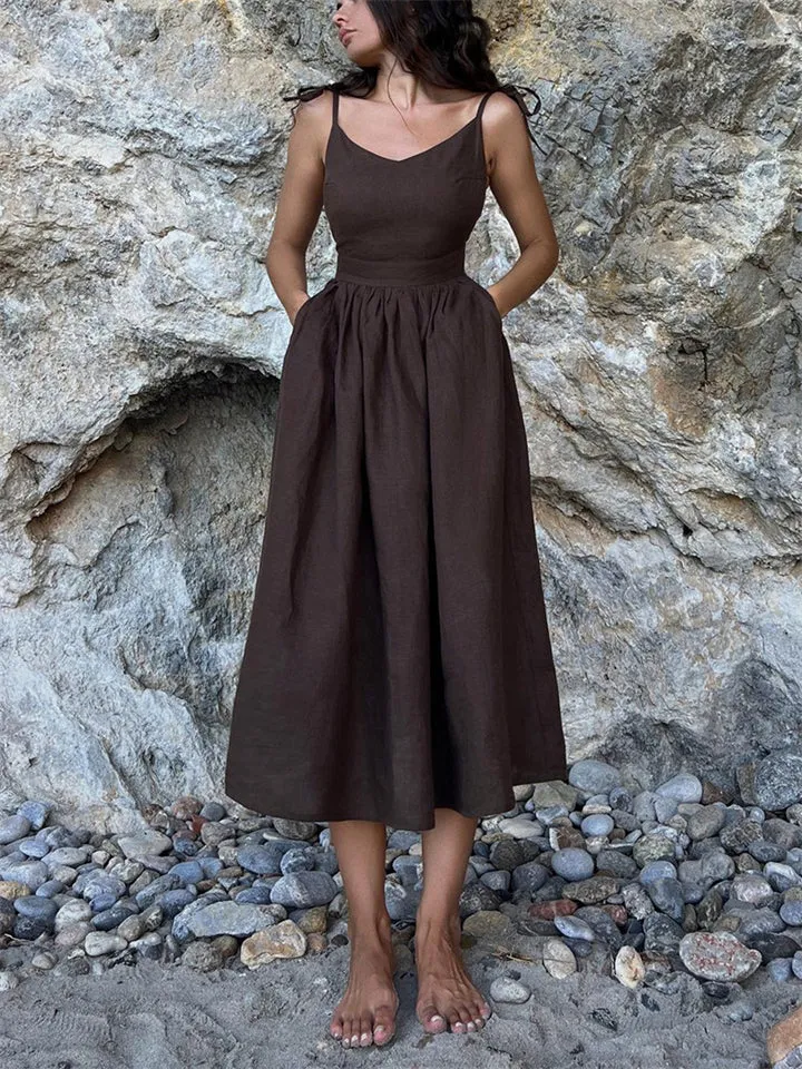 Beach Casual Pure Cotton Backless Strappy Dress for Women