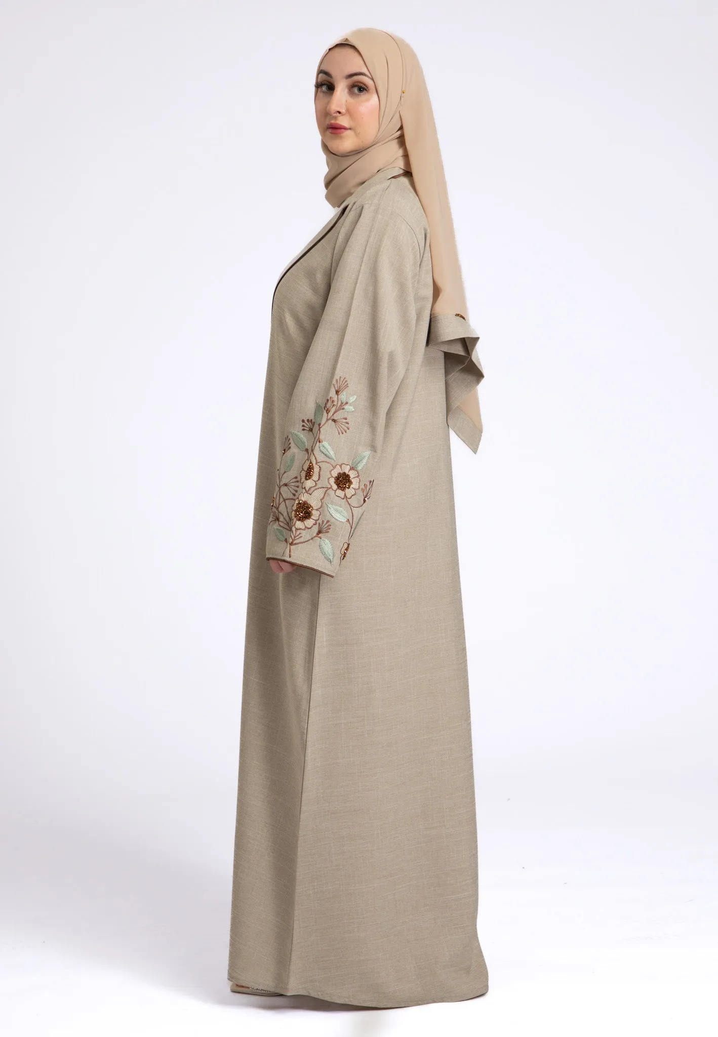 Beige Notched Lapel Linen Abaya (Premium)