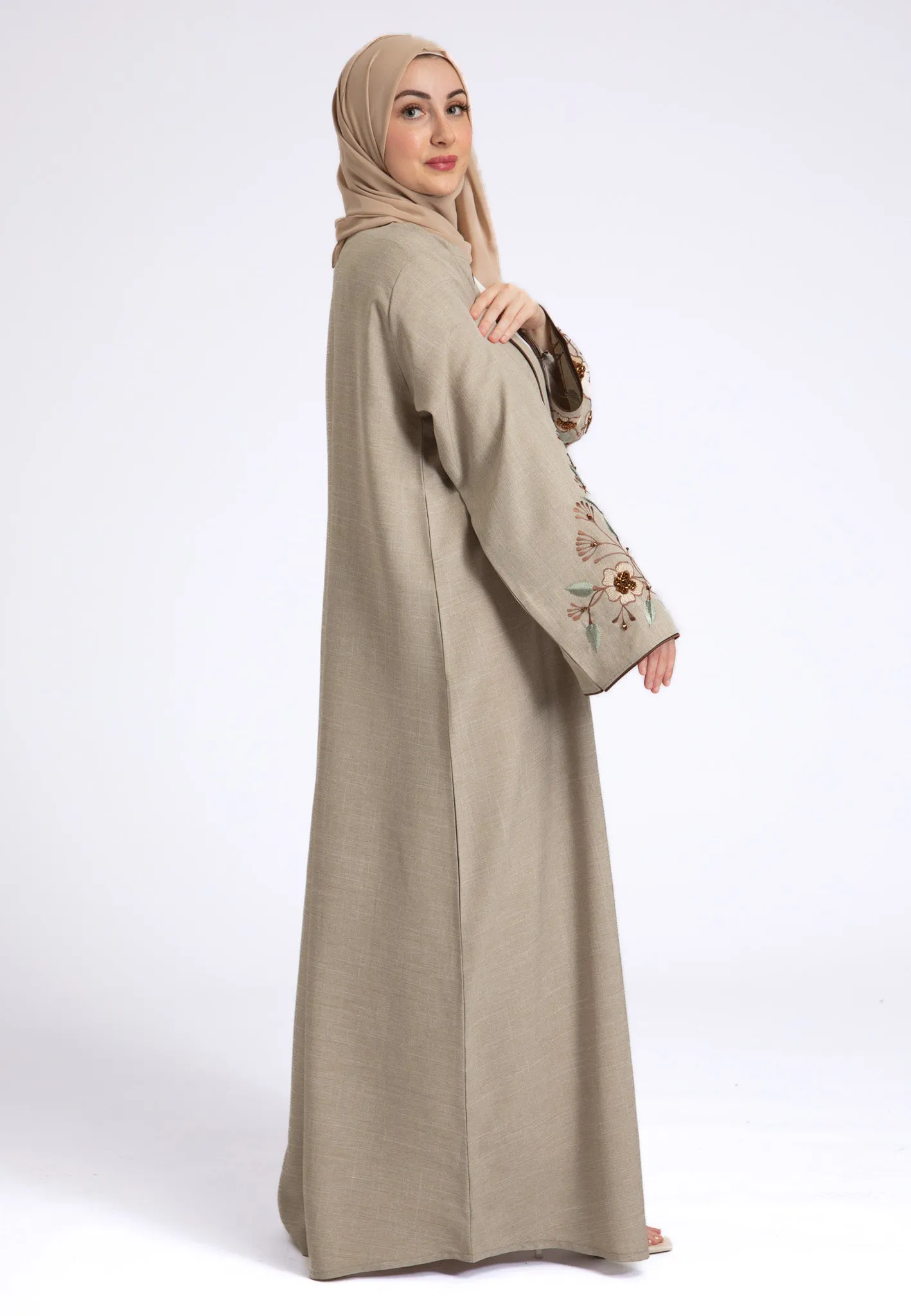 Beige Notched Lapel Linen Abaya (Premium)