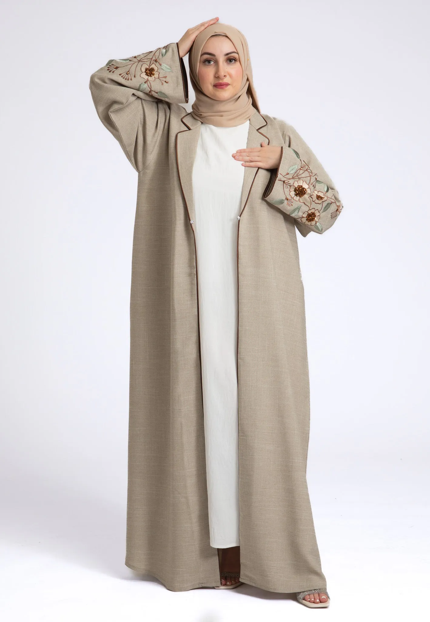 Beige Notched Lapel Linen Abaya (Premium)
