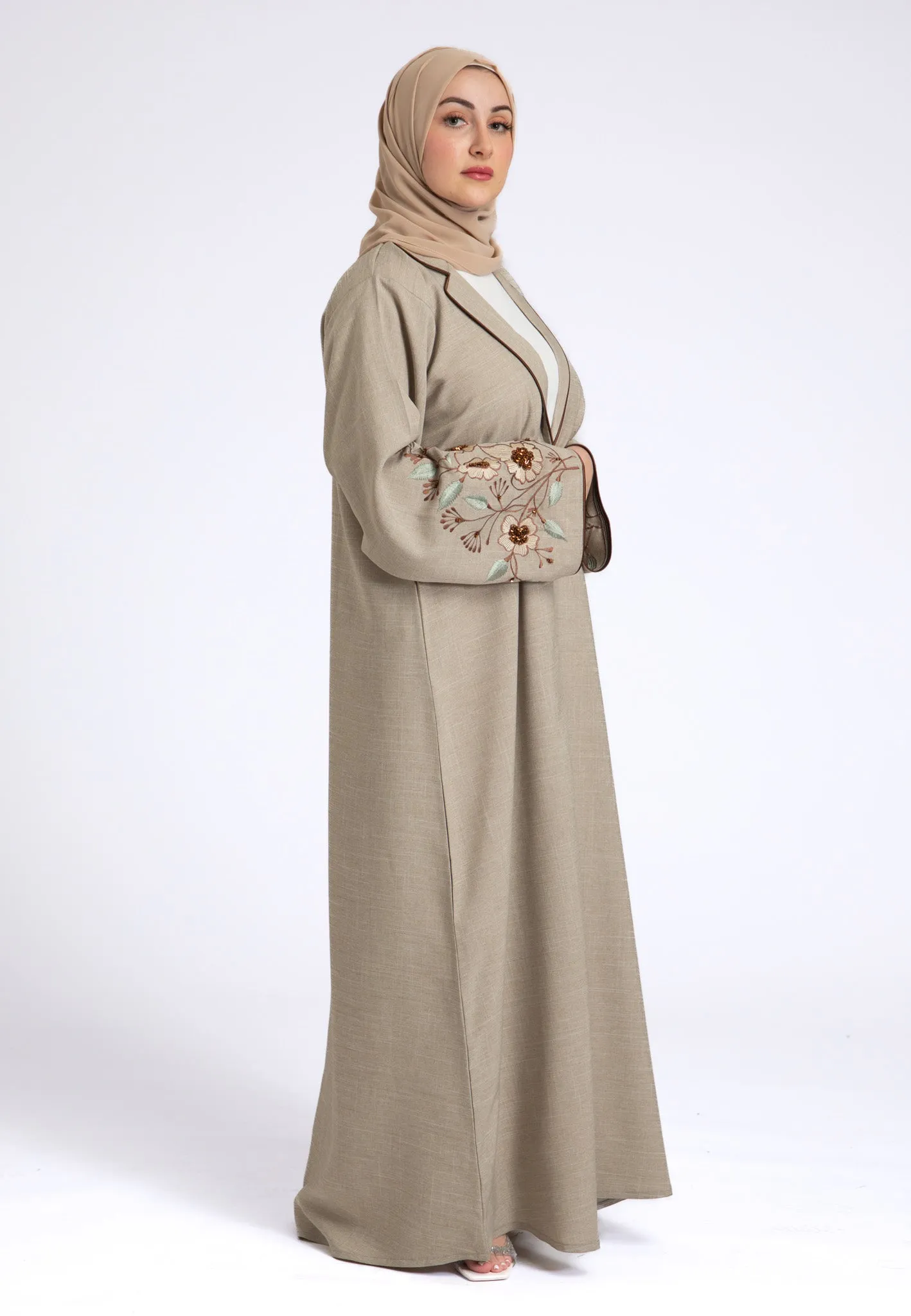 Beige Notched Lapel Linen Abaya (Premium)