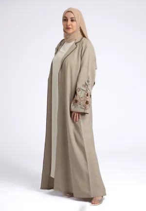 Beige Notched Lapel Linen Abaya (Premium)