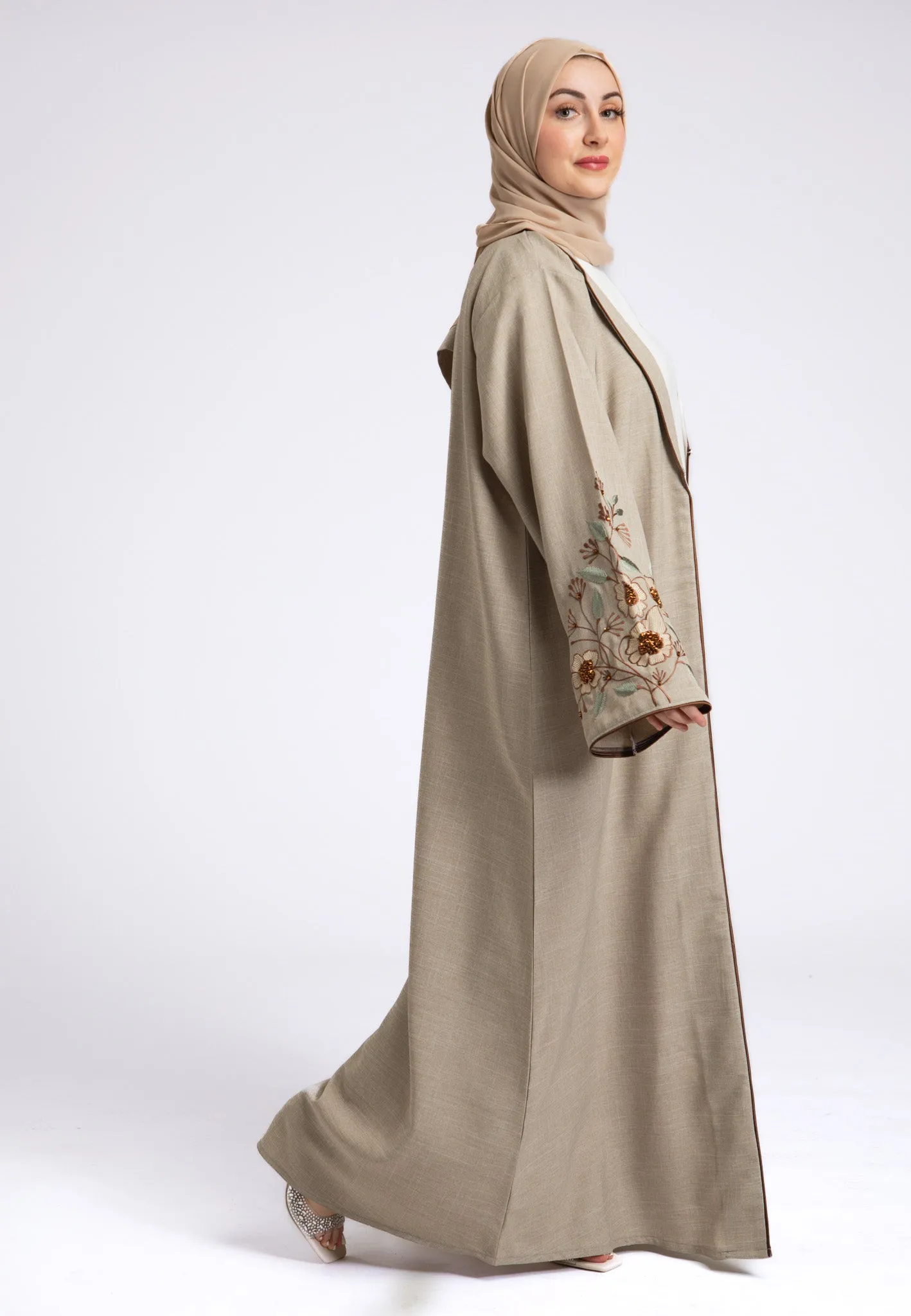 Beige Notched Lapel Linen Abaya (Premium)