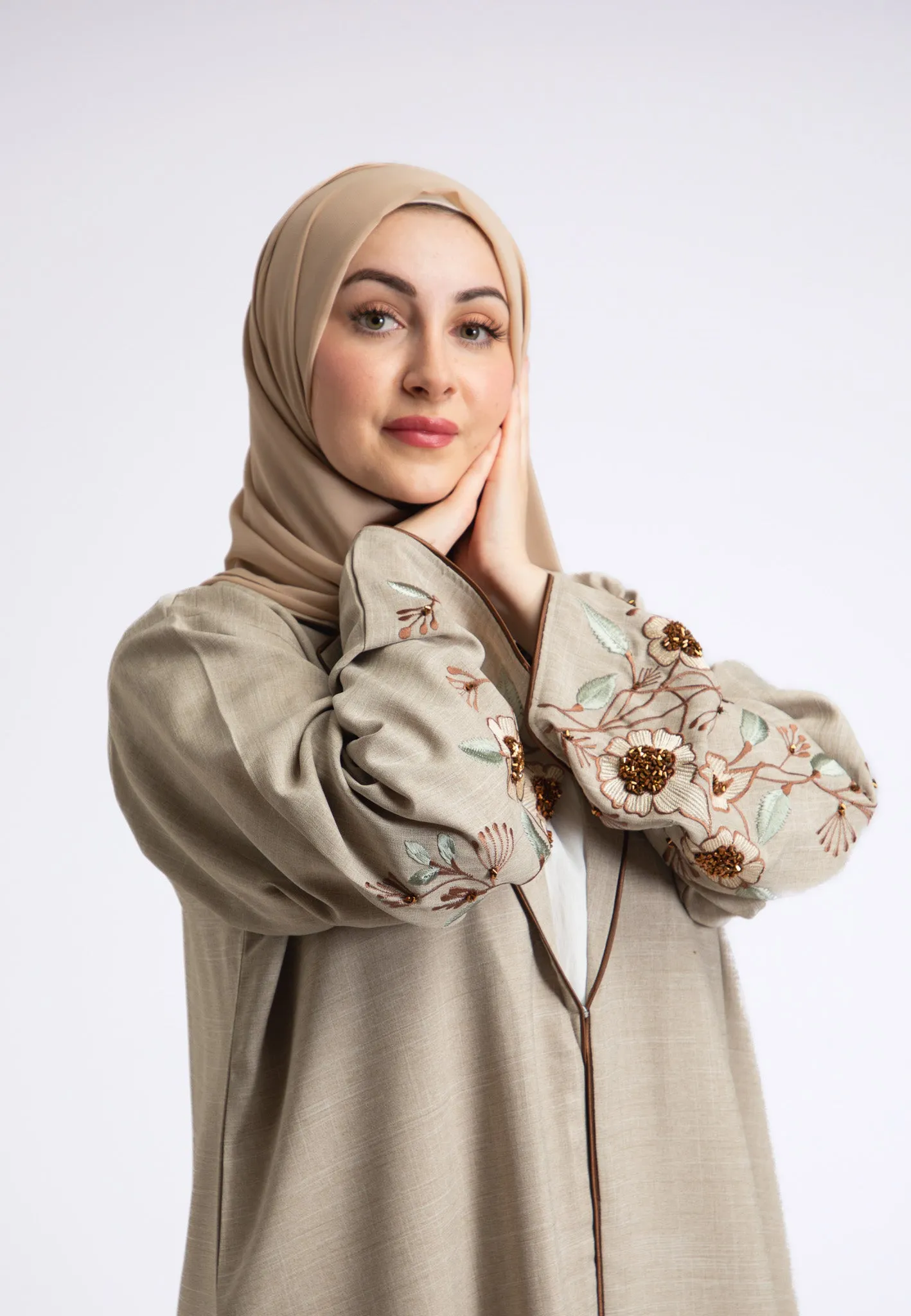 Beige Notched Lapel Linen Abaya (Premium)