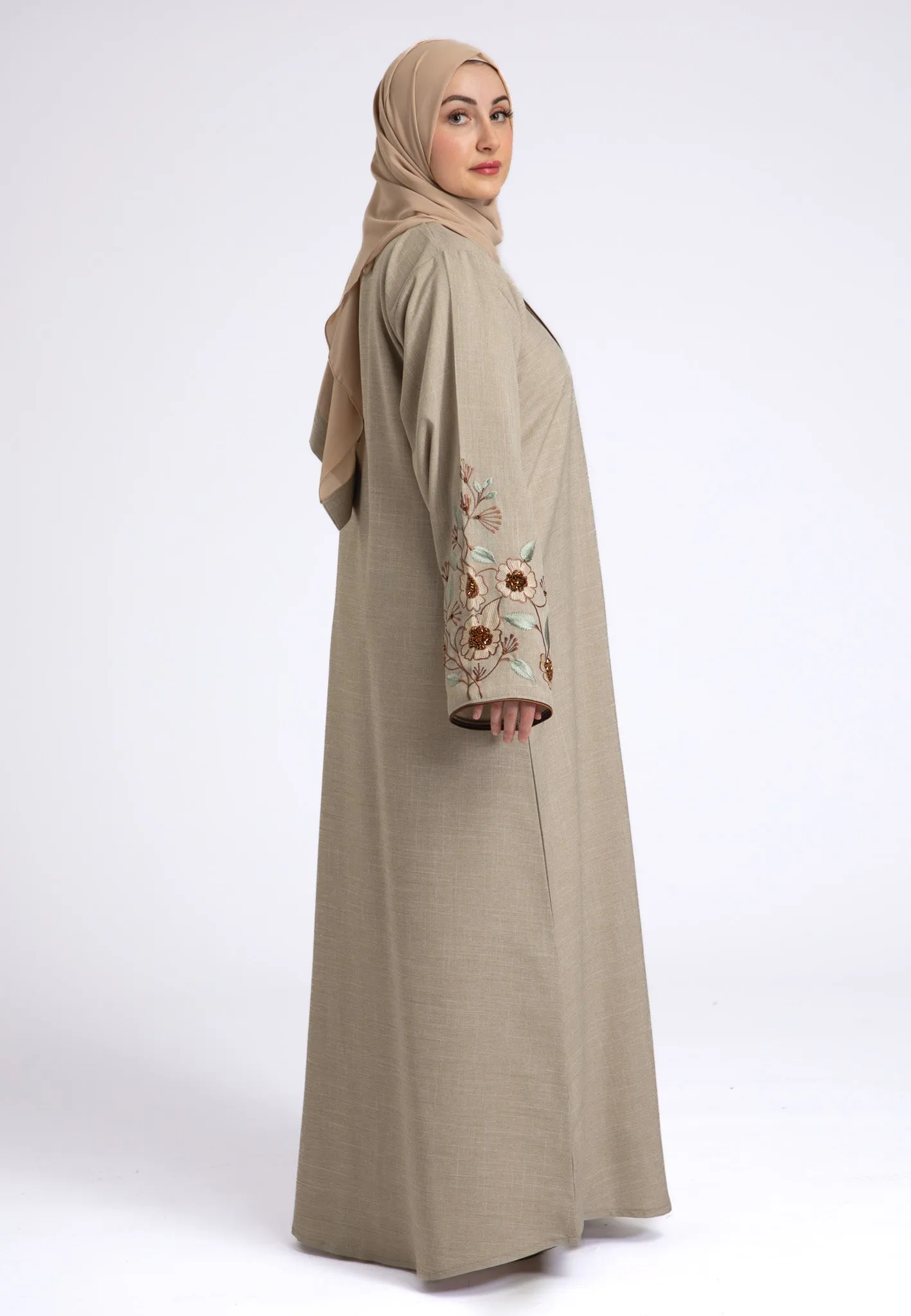 Beige Notched Lapel Linen Abaya (Premium)