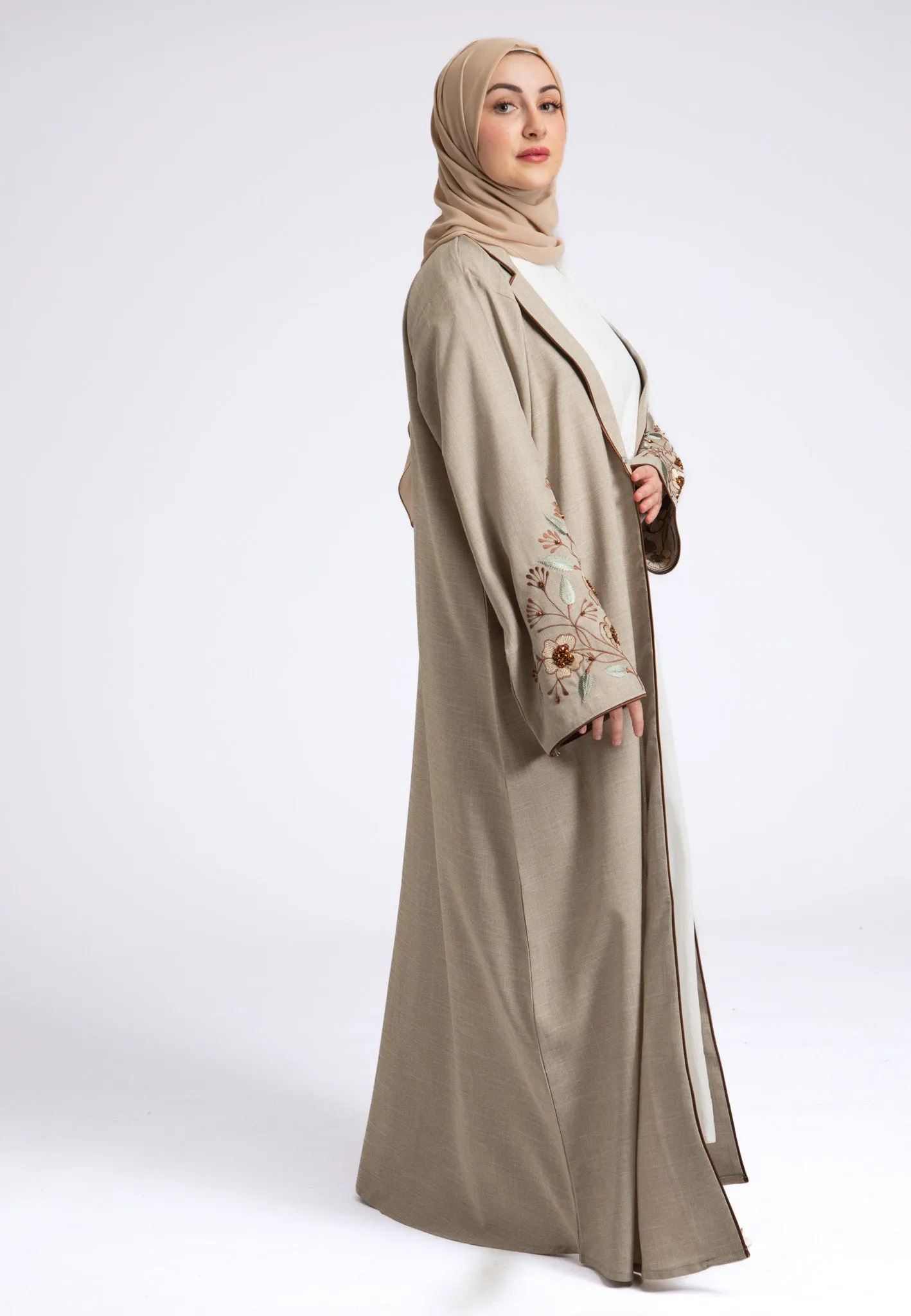 Beige Notched Lapel Linen Abaya (Premium)