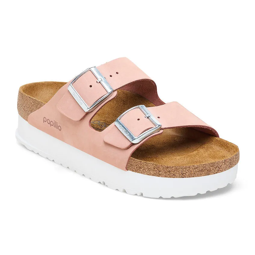 Birkenstock Arizona Platform Nubuck Leather in Soft Pink,  Eucalyptus, Dove Gray & Dark Tea in Narrow Widths