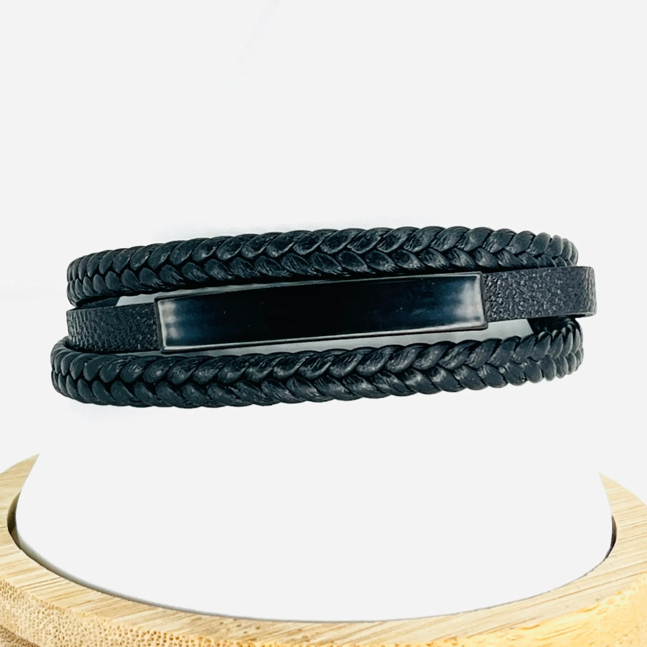 Black Braided Leather Bracelet with Metal for Men: Elegant