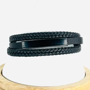Black Braided Leather Bracelet with Metal for Men: Elegant