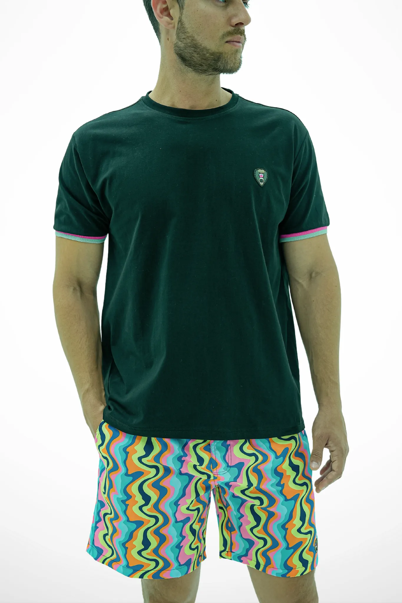 BLACK NEON PINK / SILVER CUFF RIBBED CREW NECK