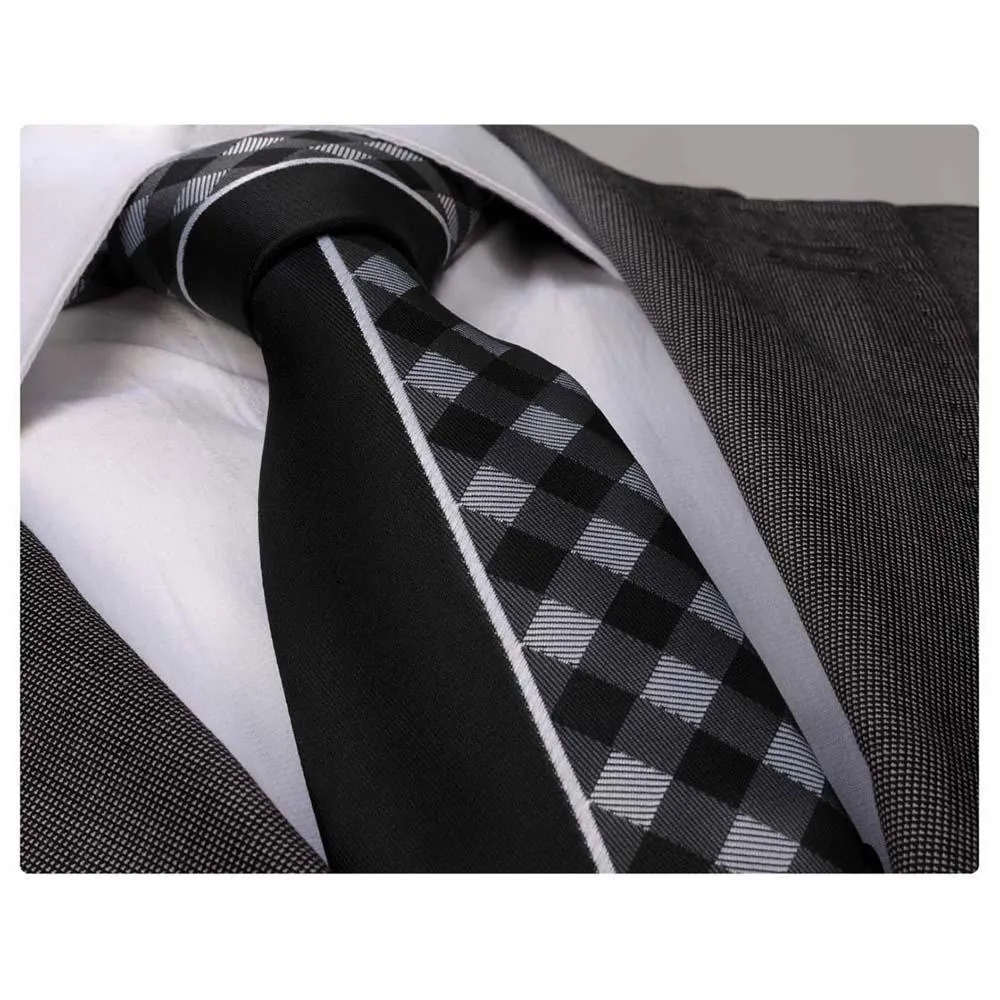 Black White Plaids Mens Designer Silk Necktie with Gift Box - Premium Quality made in Europe