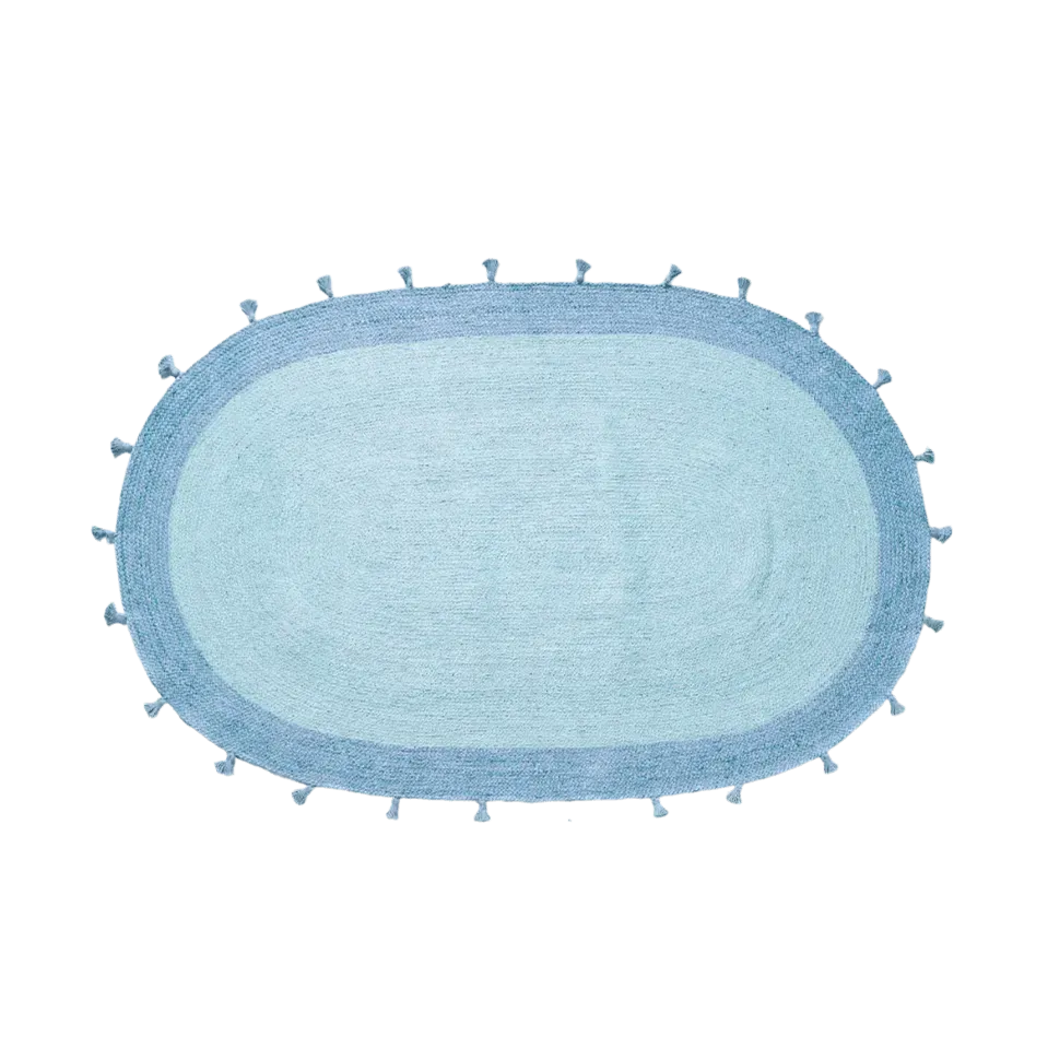 Blue Two Toned Oval Jute Rug with Tassels