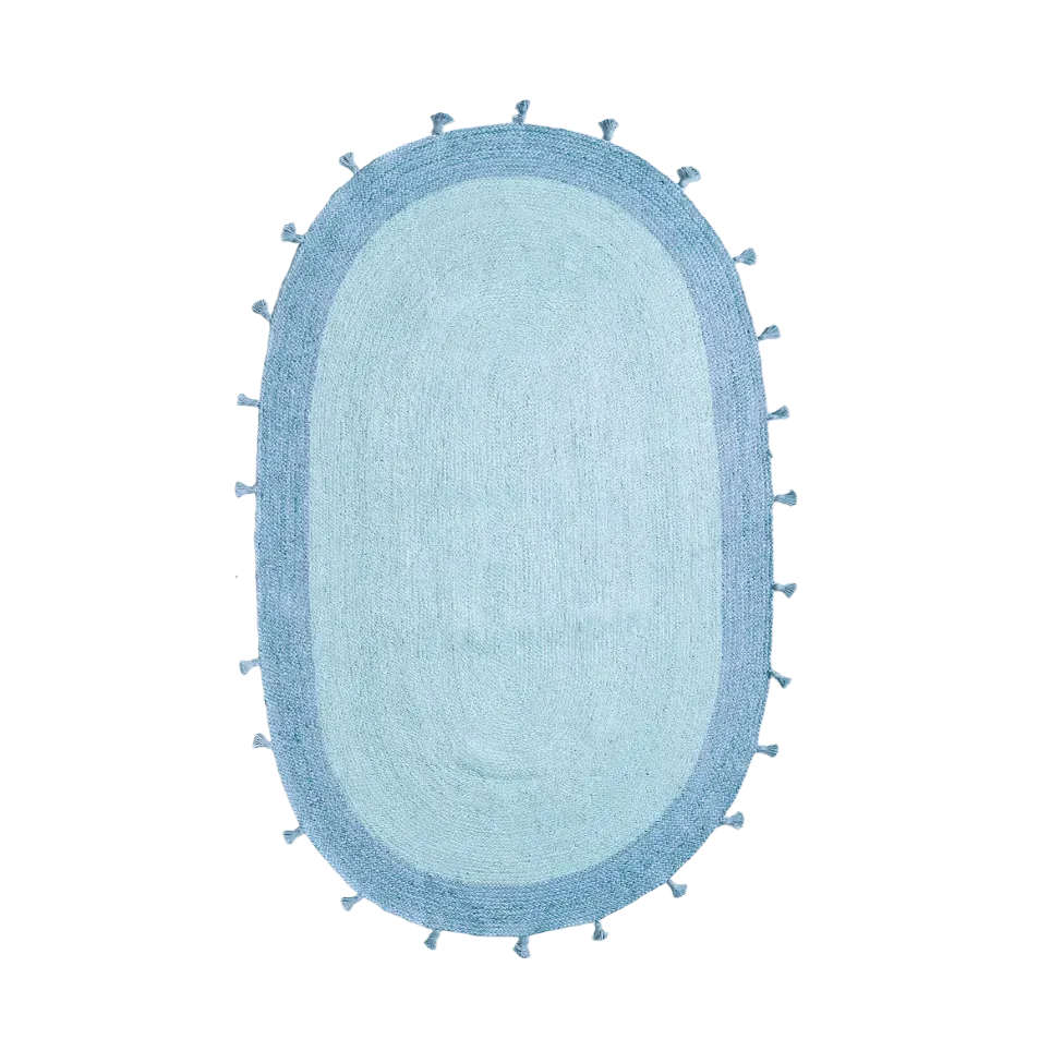 Blue Two Toned Oval Jute Rug with Tassels