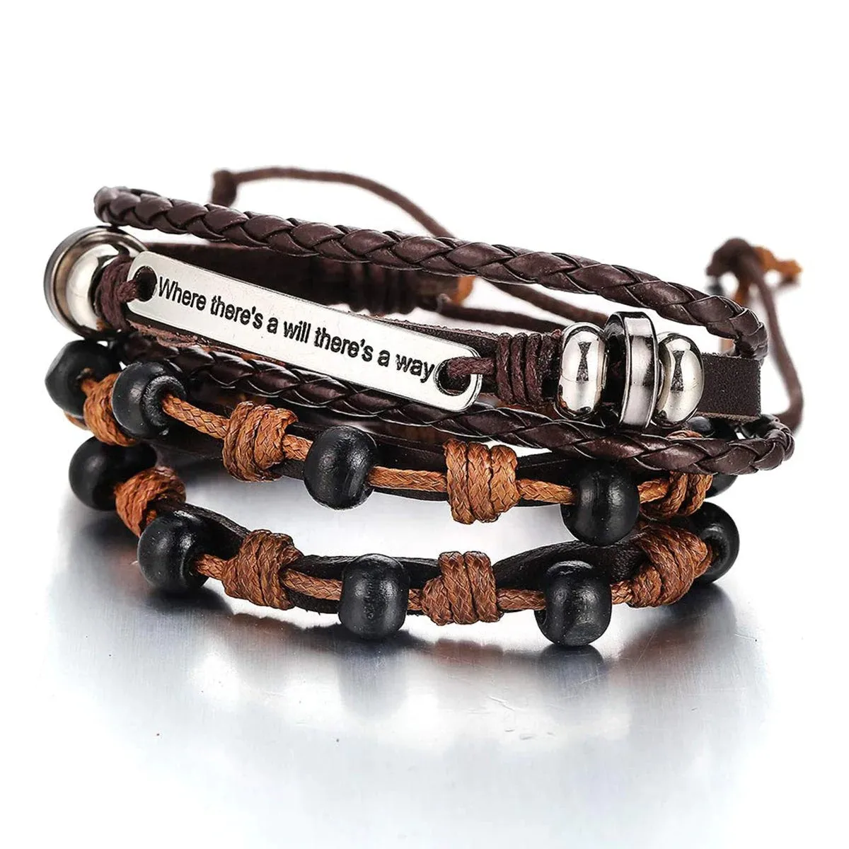 Braided Leather Wrist Band Wrap Around Bracelet with Layered Beads