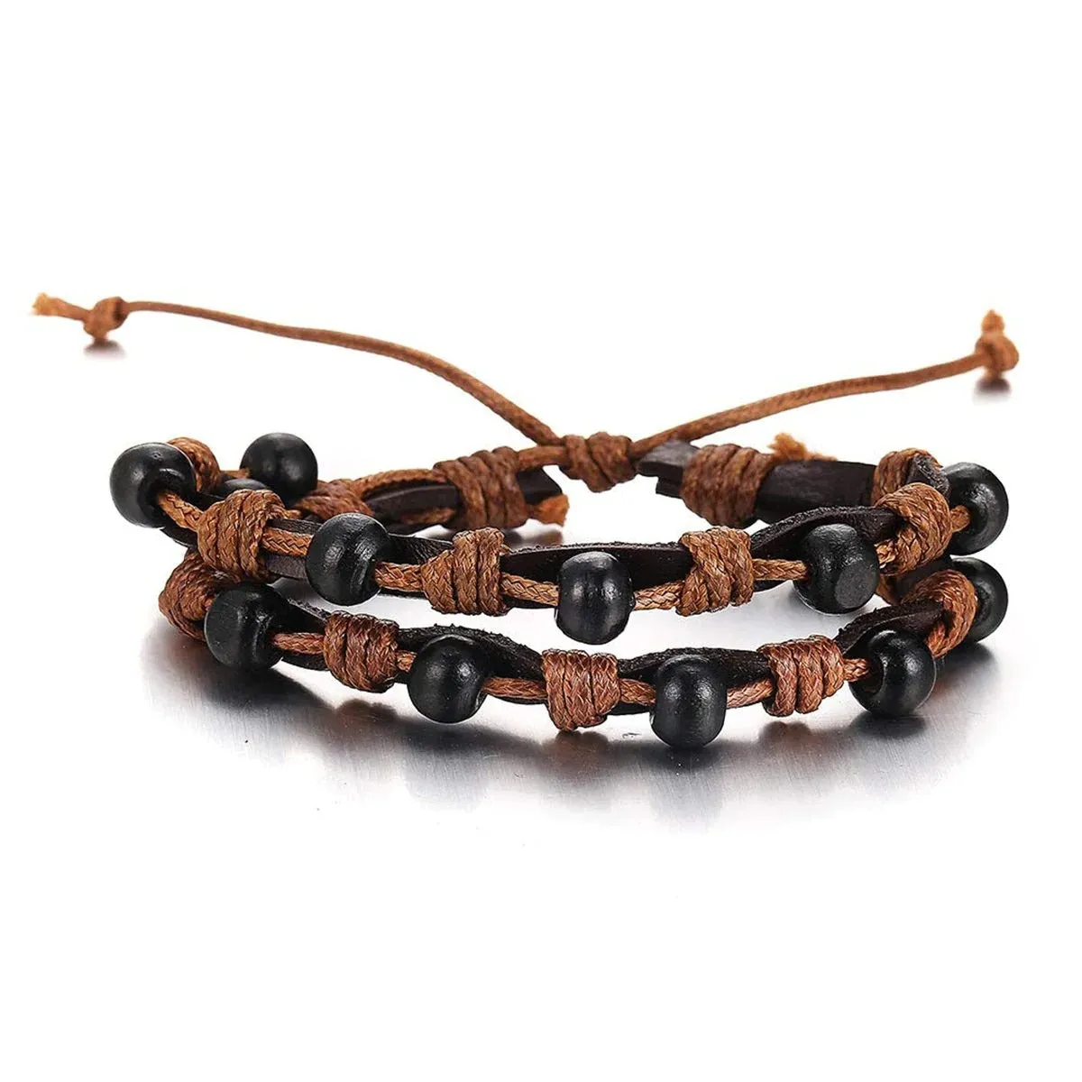 Braided Leather Wrist Band Wrap Around Bracelet with Layered Beads
