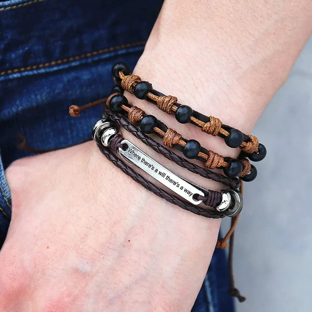 Braided Leather Wrist Band Wrap Around Bracelet with Layered Beads