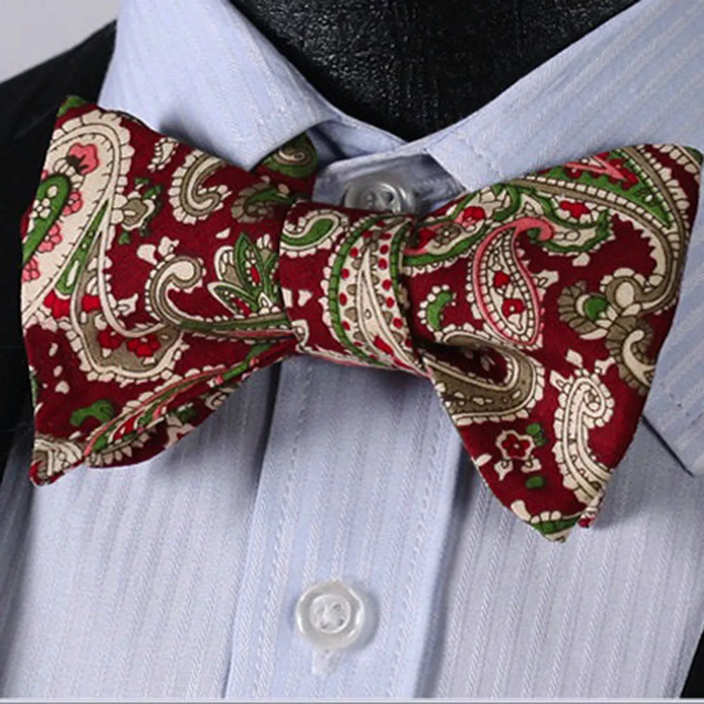 Burgundy Green Paisley Mens Silk Self tie Bow Tie with Pocket Squares Set