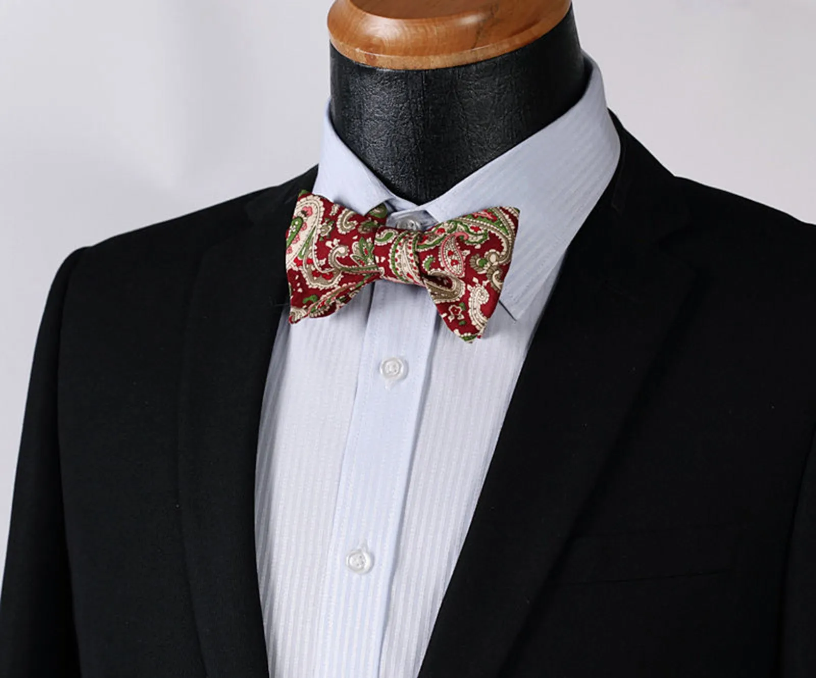 Burgundy Green Paisley Mens Silk Self tie Bow Tie with Pocket Squares Set