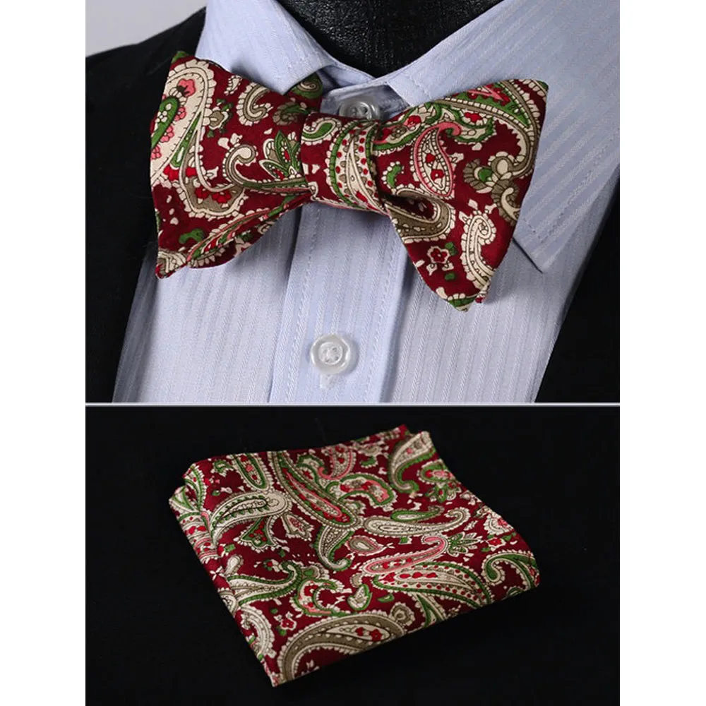 Burgundy Green Paisley Mens Silk Self tie Bow Tie with Pocket Squares Set