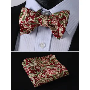 Burgundy Green Paisley Mens Silk Self tie Bow Tie with Pocket Squares Set