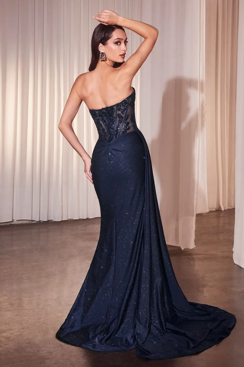 CD J875 - Strapless Stretch Glitter Dusted Fit & Flare Prom Gown with Sheer Beaded Lace Bodice Leg Slit & Side Sash