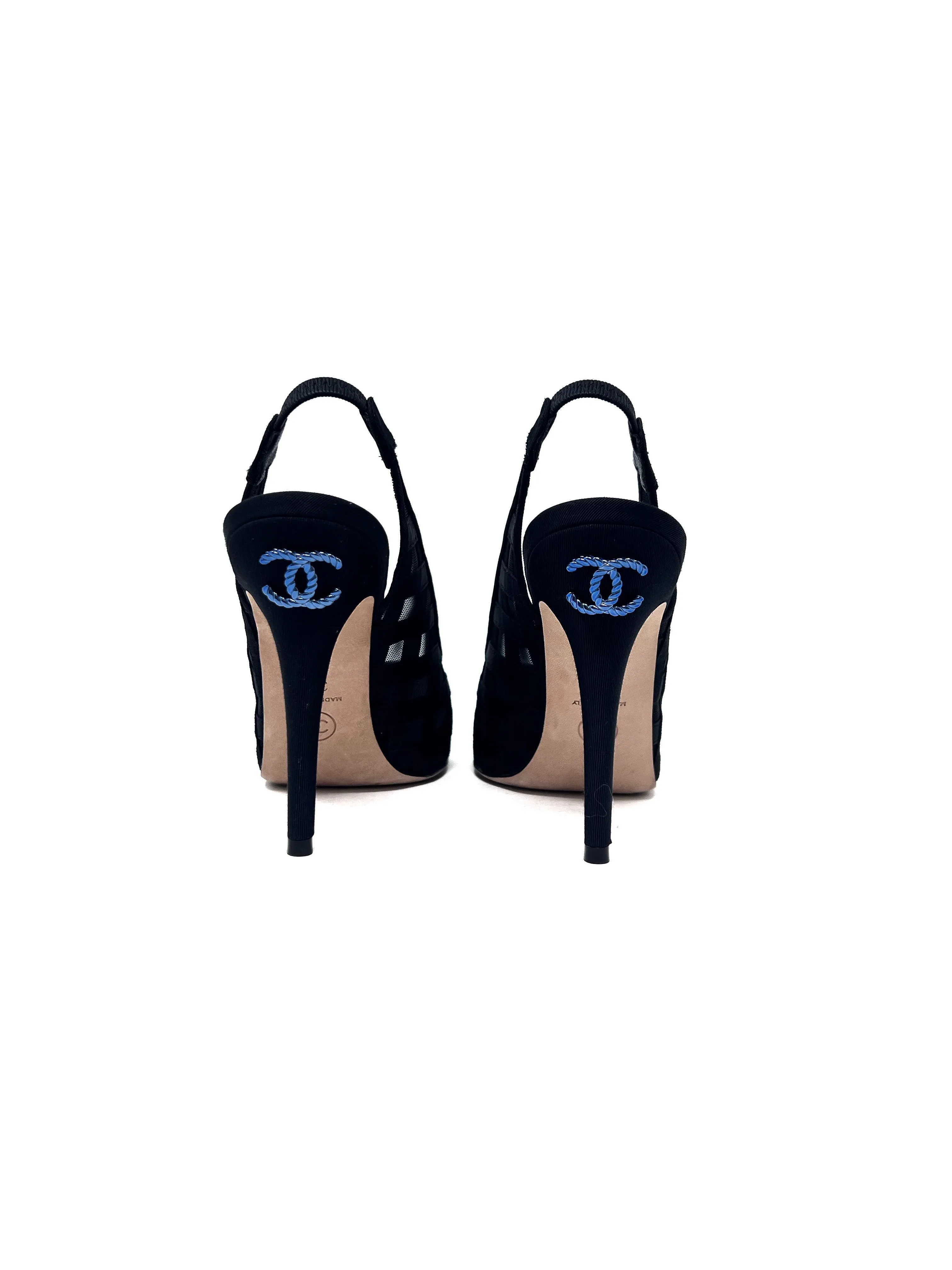 Chanel W Shoe Size 37.5 '19 CC Mesh & Grosgrain Cap Toe Slingbacks