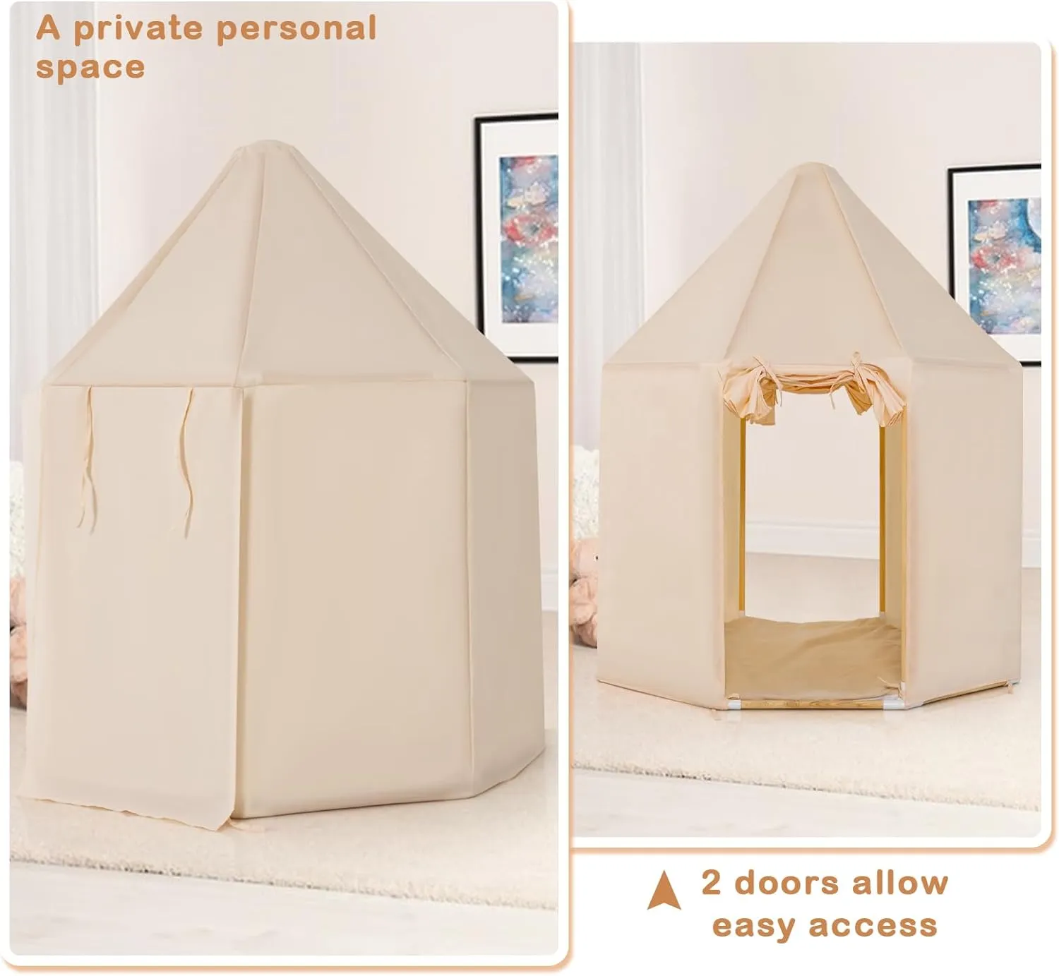 Children’s Large Playhouse Tent | 2 Doors with Washable Mat | Cream