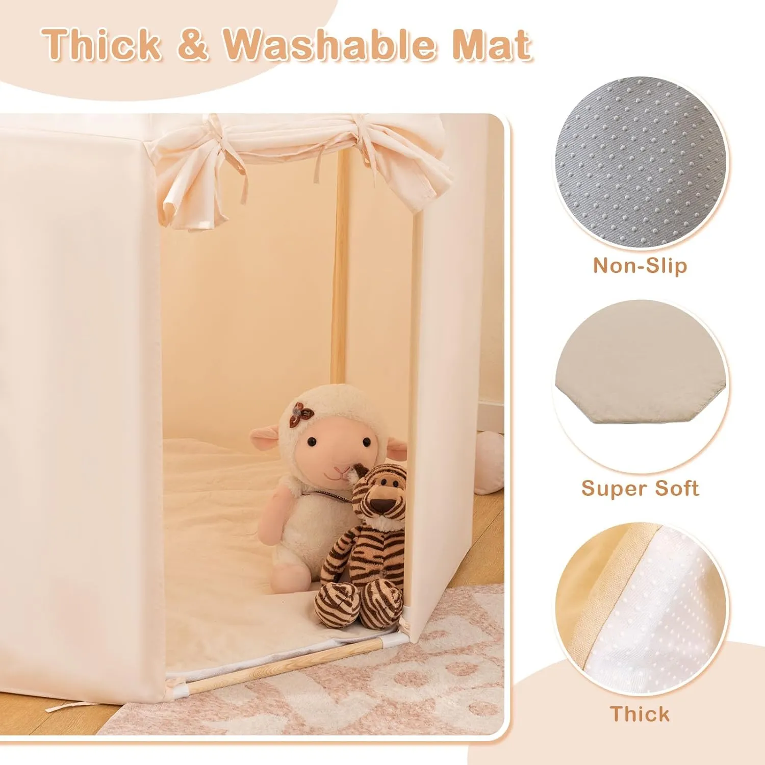 Children’s Large Playhouse Tent | 2 Doors with Washable Mat | Cream