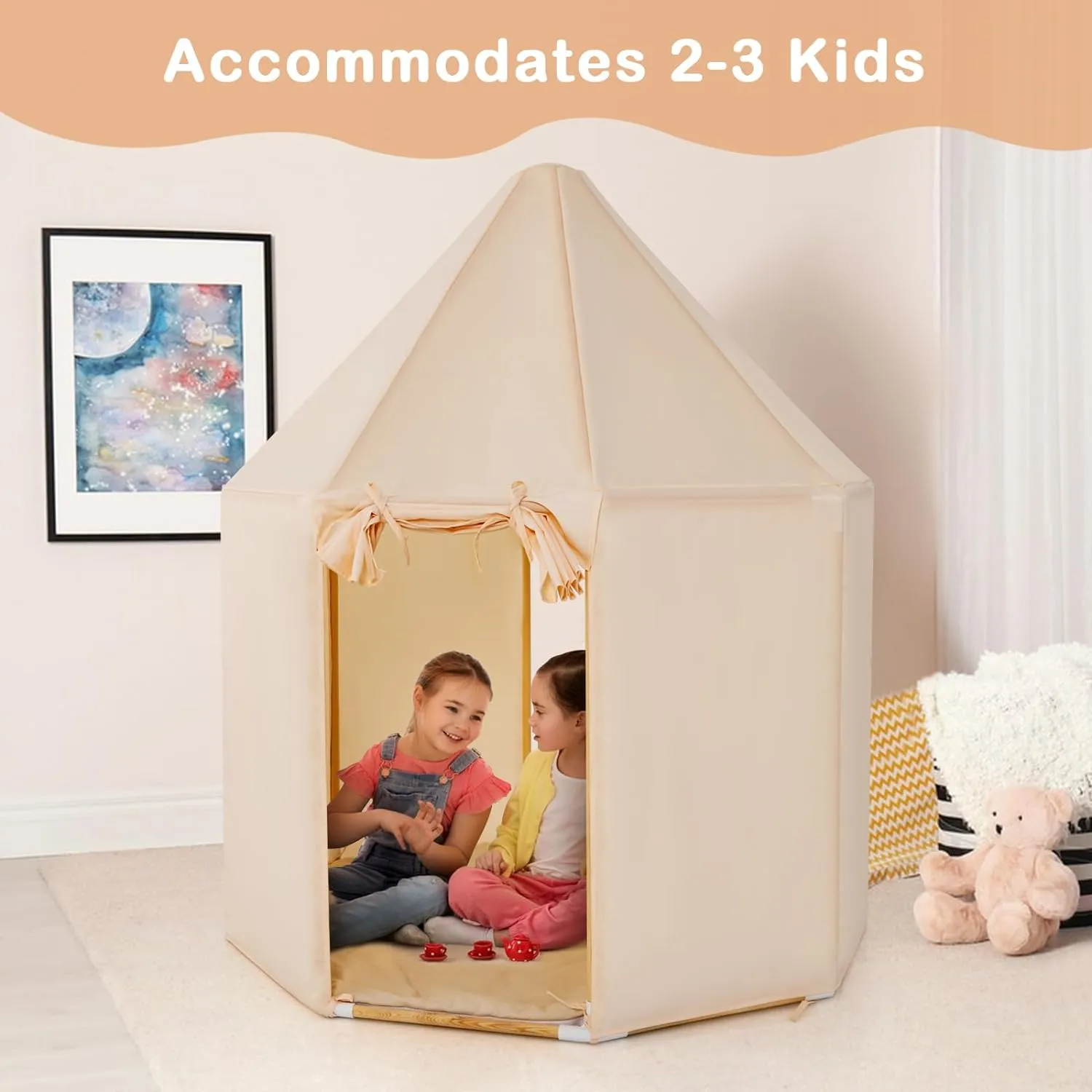 Children’s Large Playhouse Tent | 2 Doors with Washable Mat | Cream